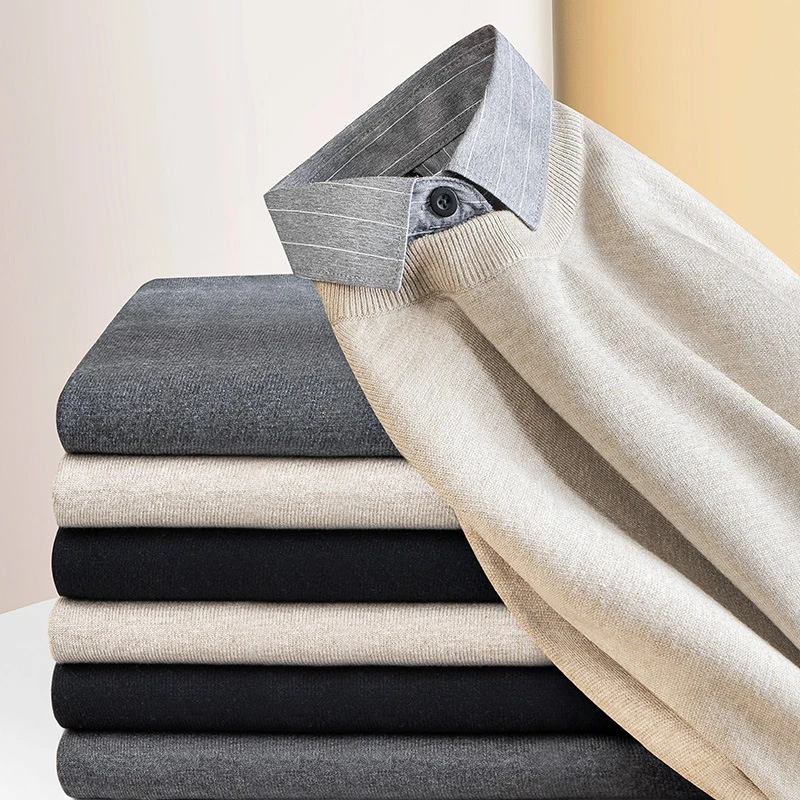 新款假两件毛衣男士衬衫领秋冬季商务休闲针织衫加厚带领毛线衣P