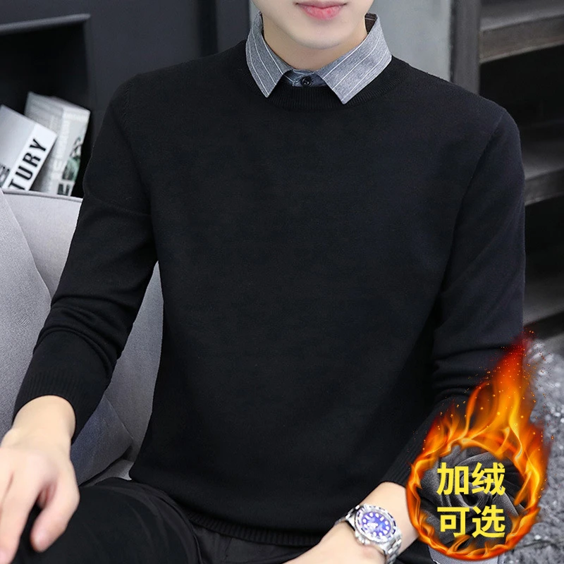 毛衣男假两件衬衫领休闲针织衫2025新款修身加绒加厚保暖毛线衣P