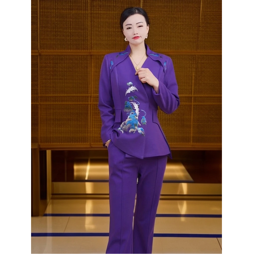 【绵羊毛】千里江山重工绣花套装气质长袖复古中式修身国风089-2