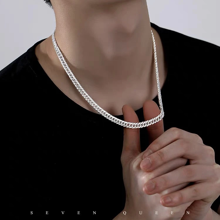 链子足银 990足银男士方链古巴项链男生银简约百搭时尚侧身项链