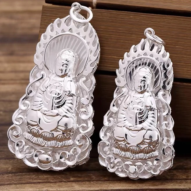 吊坠足银 999足银观音男女吊坠立体手工雕刻观音菩萨吊坠男士时尚