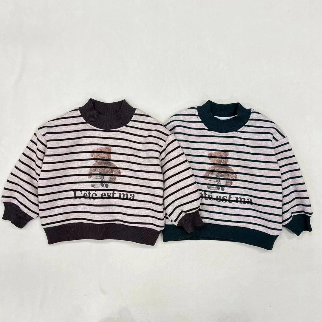 茶田卫衣童装条纹圆领加绒中小童卫衣