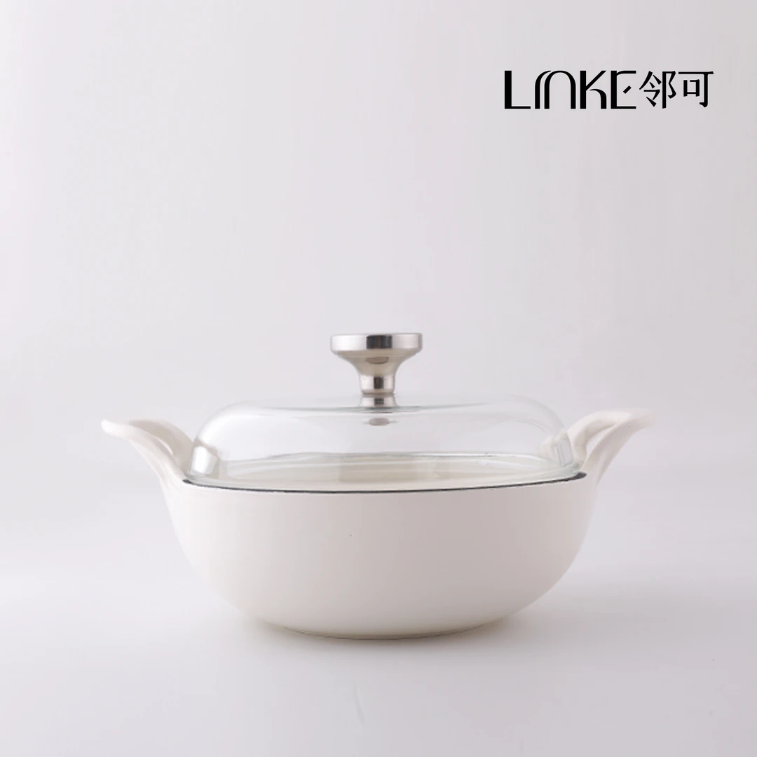 邻可 元宝奶油白珐琅锅20cm（玻璃拱盖）