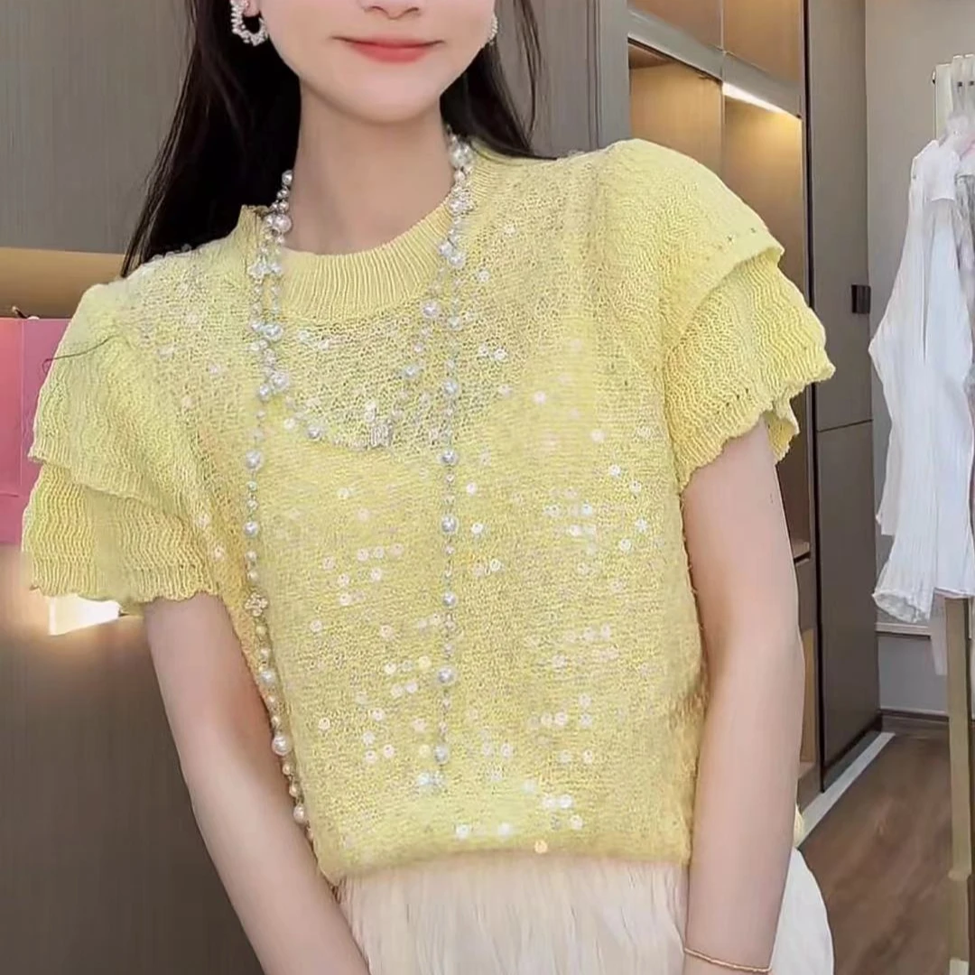 【秀宝女装】时尚小香风花苞袖重工亮片百搭袖针织衫XB6480