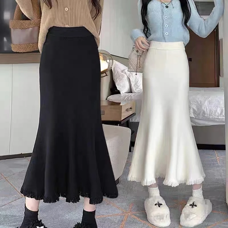 【秀宝女装】高腰针织裙流苏鱼尾裙中长款A字半身裙XB7577