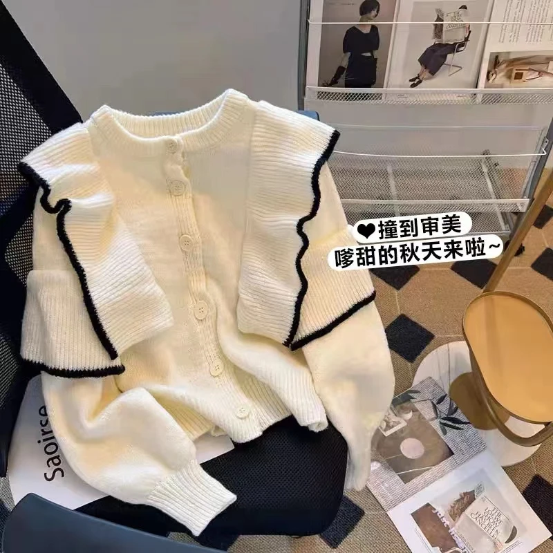 【秀宝女装】法式甜美风拼接荷叶边撞色灯笼袖针织毛衣XB7576