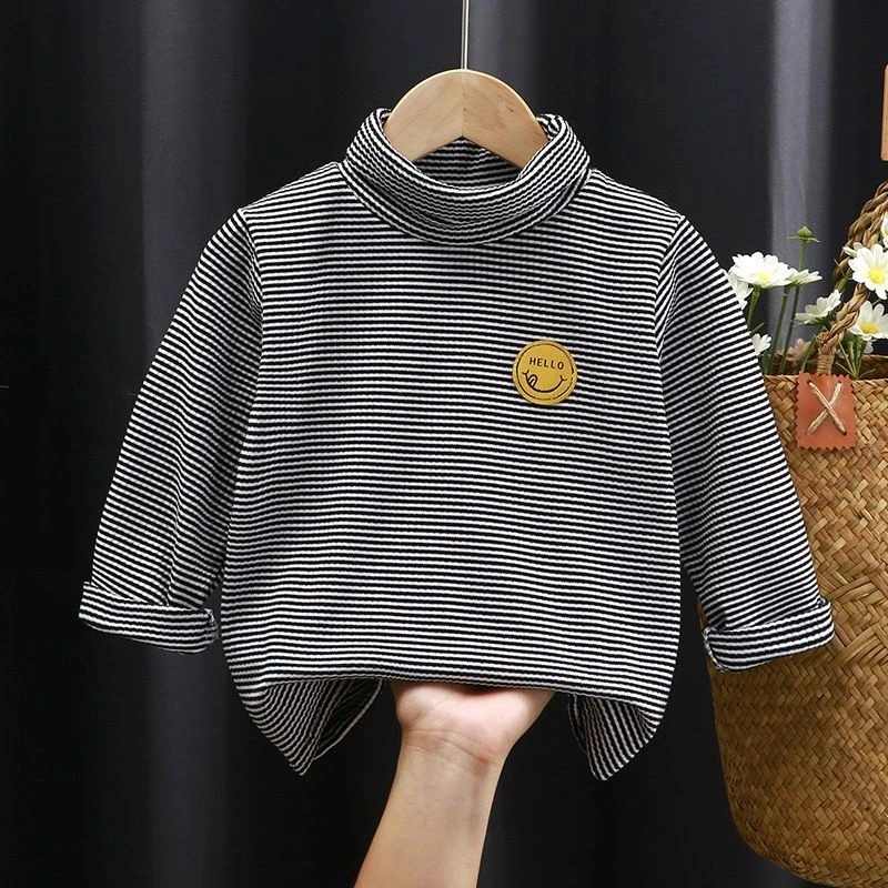 新款儿童德绒上衣秋冬打底衫保暖条纹上衣男童女童衣服宝宝高领