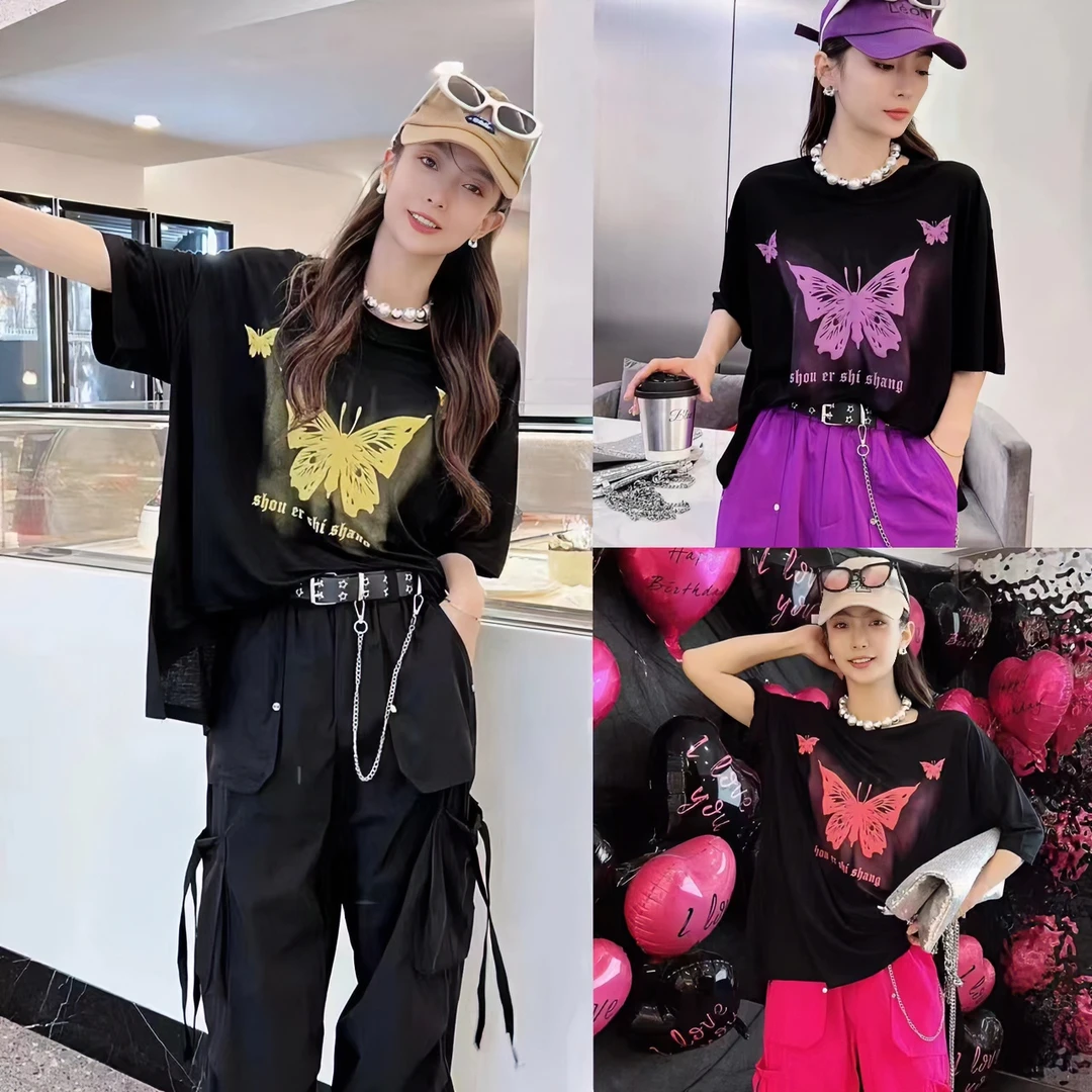 3788冰棉开叉蝴蝶短袖 男女同款宽松大版 薄款运动T恤