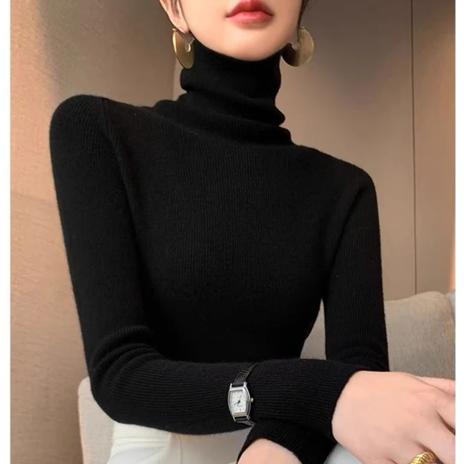 【福利款】黑色针织高领打底衫上衣女春秋内搭长袖修身显瘦套头毛衣