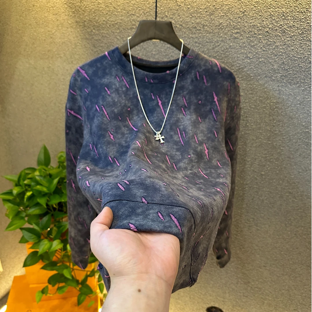 2024秋冬流星条新款男款上衣爆款轻奢高定长袖卫衣潮流破洞圆领