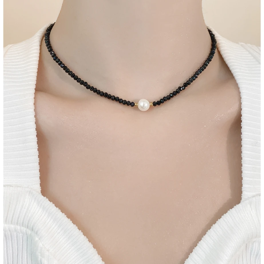 合金仿水晶项链 黑色珠珠项链女高级设计感小众锁骨链颈链462