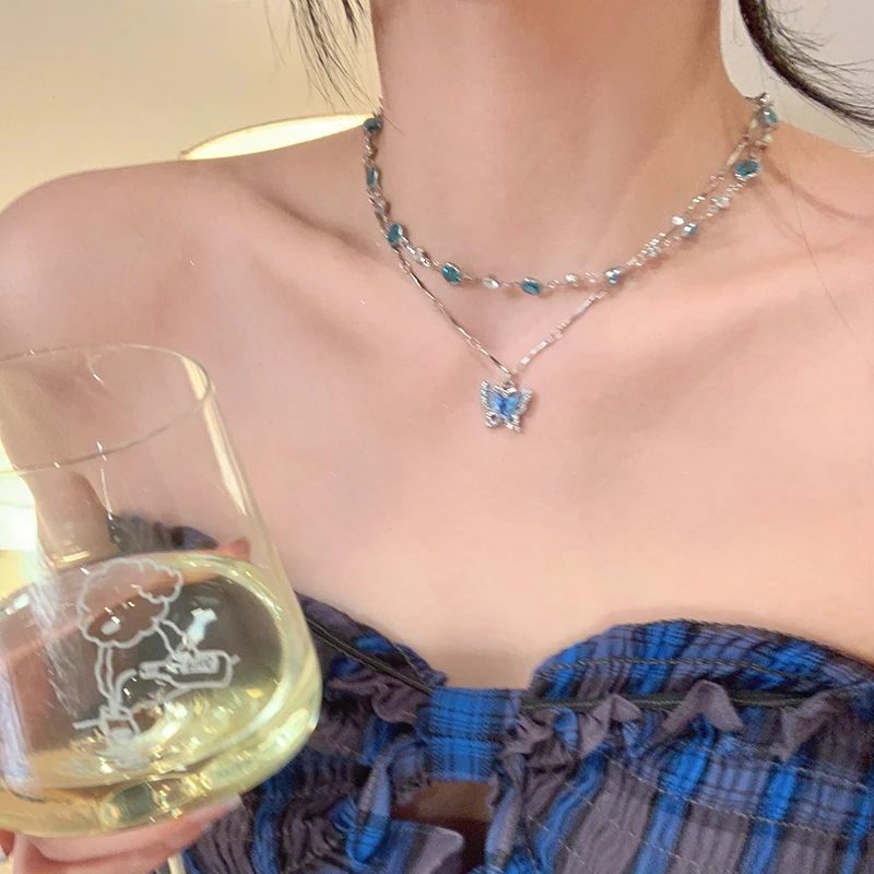 合金仿水晶项链 夏日清凉高级感双层蝴蝶项链女轻奢小众锁骨链C07