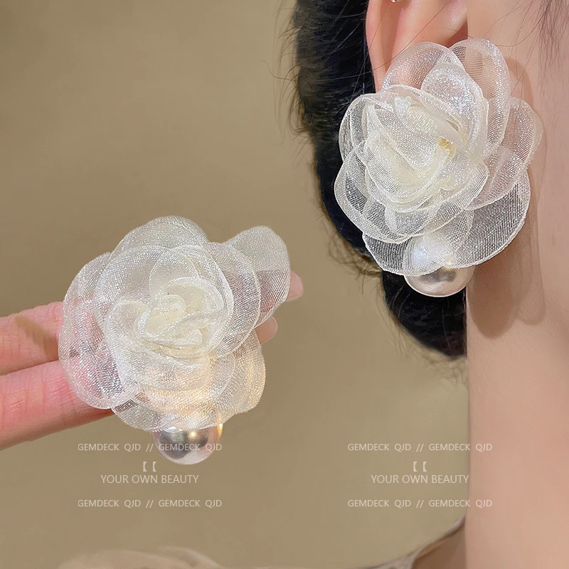 非金属仿珍珠耳饰 法式浪漫山茶花珠珠耳环女超仙雪纺花朵耳钉196