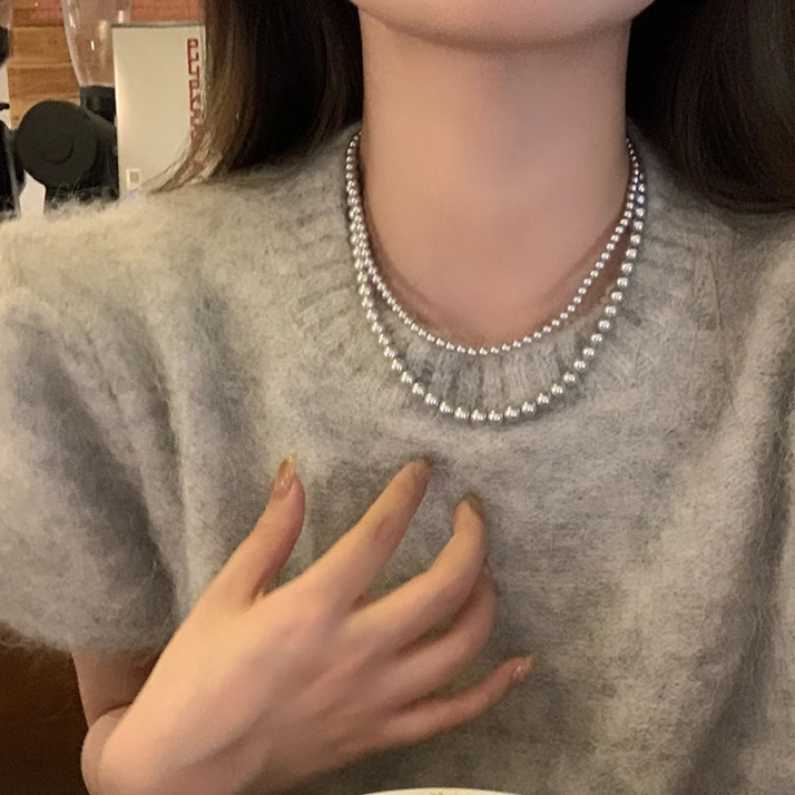 合金仿珍珠项链 法式复古银灰珠珠项链高级感气质百搭毛衣链C146