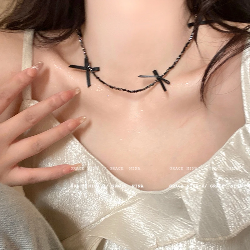 合金布艺项链 小众轻奢碎银蝴蝶结项链女高级感锁骨链辣妹颈链406