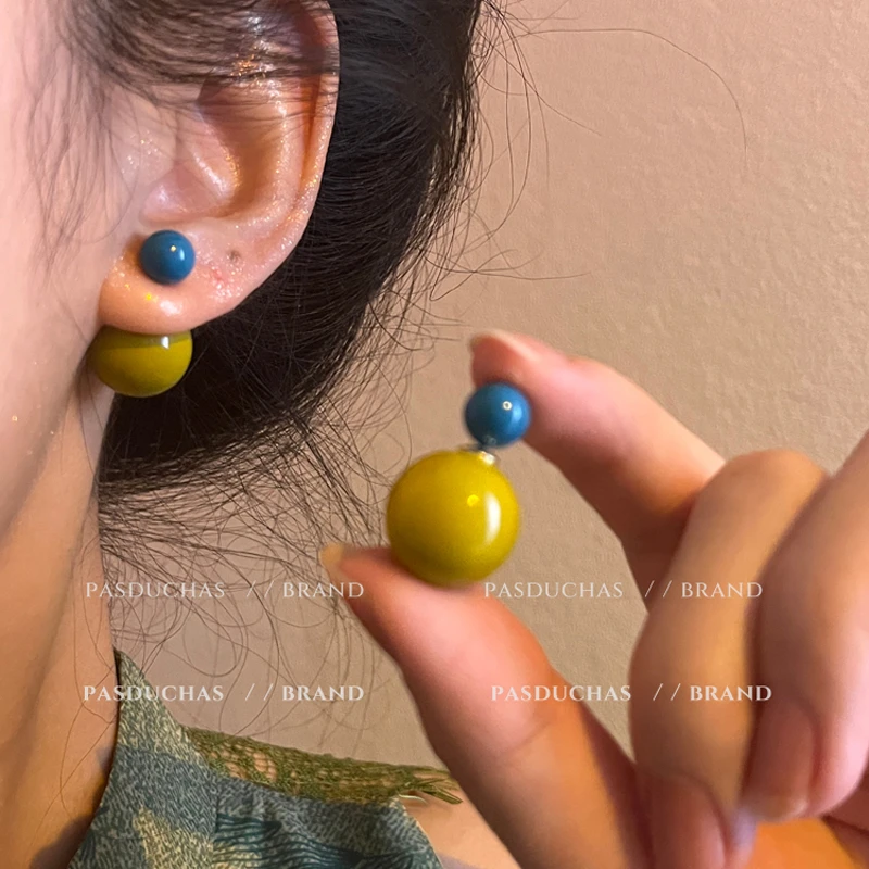 合金亚克力耳饰 俏皮糖果~小众设计感前后两戴式姜黄色耳钉耳环57
