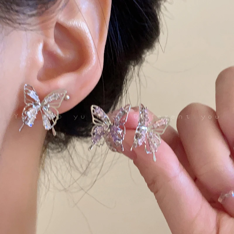合金合成锆石耳饰 翩翩起舞~ 镂空锆石蝴蝶耳钉女网红小众耳环476