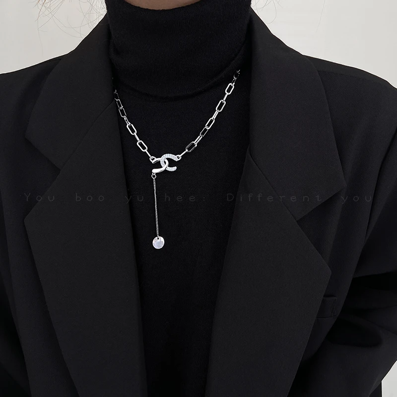 精致交叉双C钛钢毛衣链轻奢小众高级不掉色卫衣项链A92