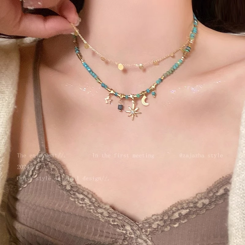 合金玻璃项链 蓝色芒星串珠叠戴项链女轻奢锁骨链波西米亚颈链C15