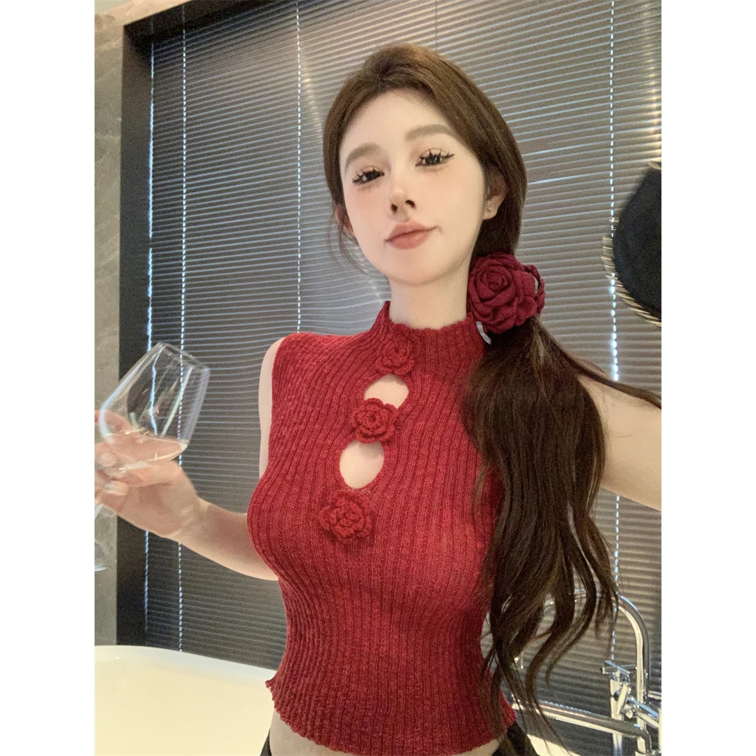 韩版温柔辣妹风设计感立体花朵立领修身显瘦镂空无袖针织背心女夏