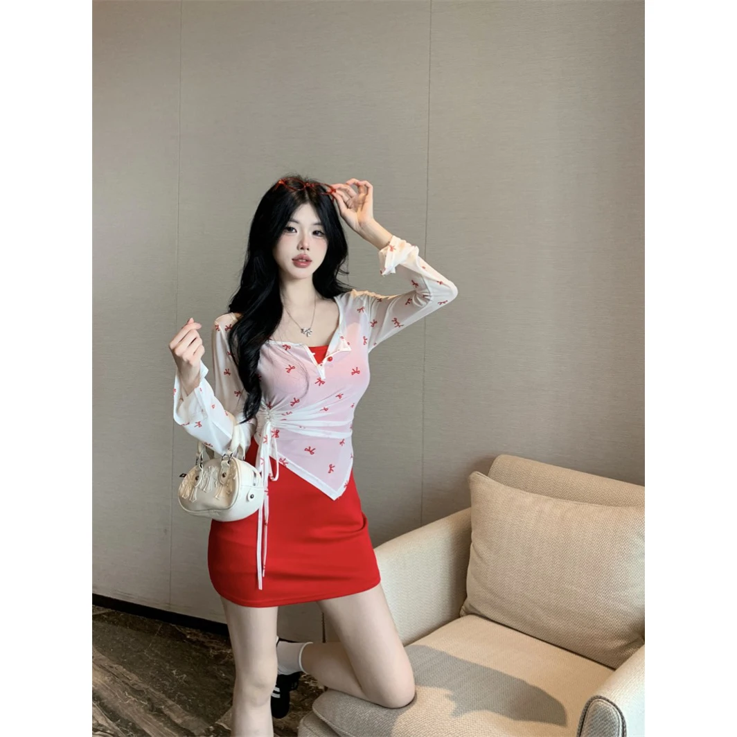 法式气质性感风纯欲吊带连衣裙蝴蝶结印花防晒罩衫辣妹T恤套装女