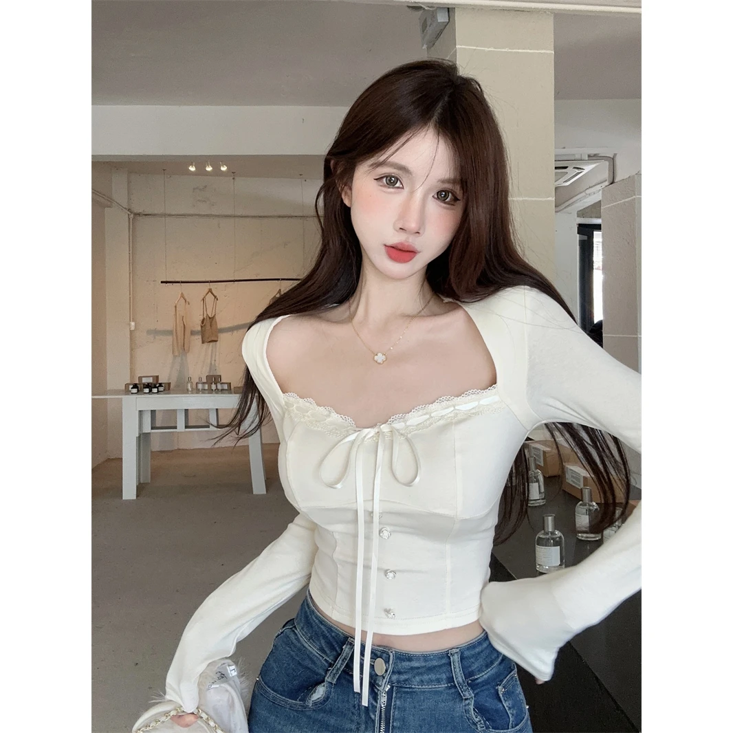 纯欲风设计感小众方领t恤修身显瘦长袖打底衫辣妹上衣女2023新款