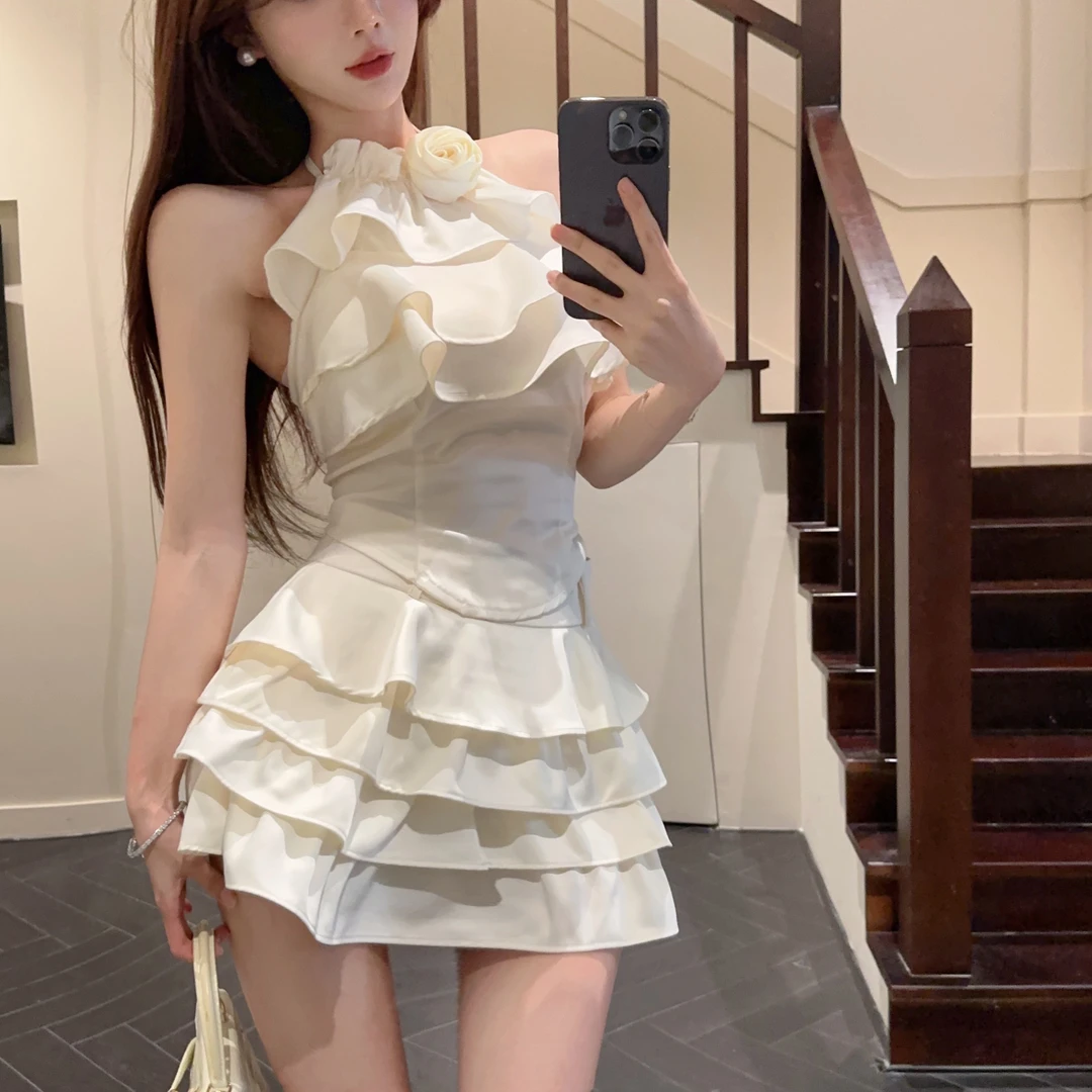 美式韩版夏季微醺芙蓉杏色挂脖甜美背心杏色短款蛋糕修身半身裙女