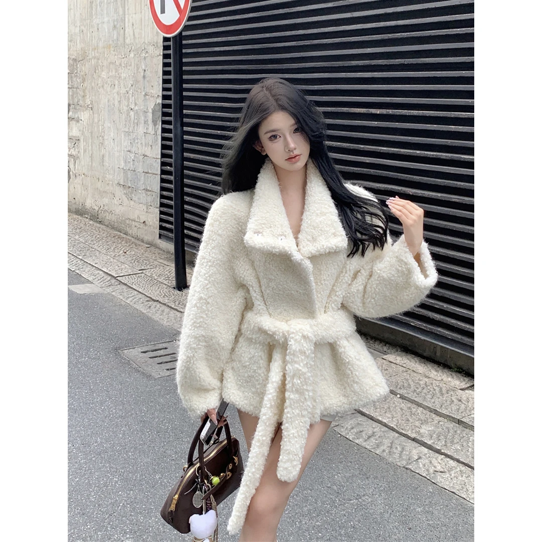 气质时尚复古性感立领皮毛一体短款系带毛呢外套大衣女装秋季新款