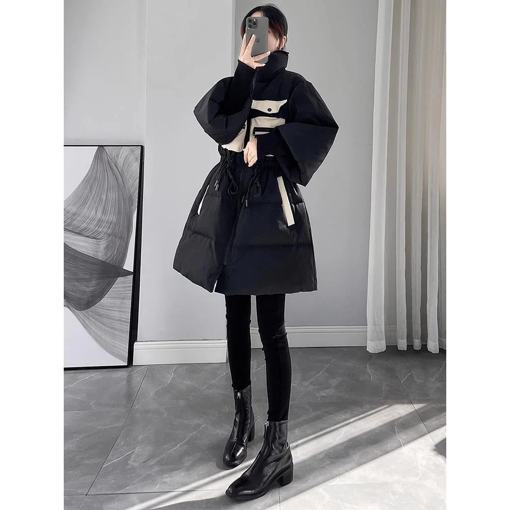 黑色中长款立领抽绳收腰羽绒棉服女2023冬季新款加厚棉衣棉袄外套