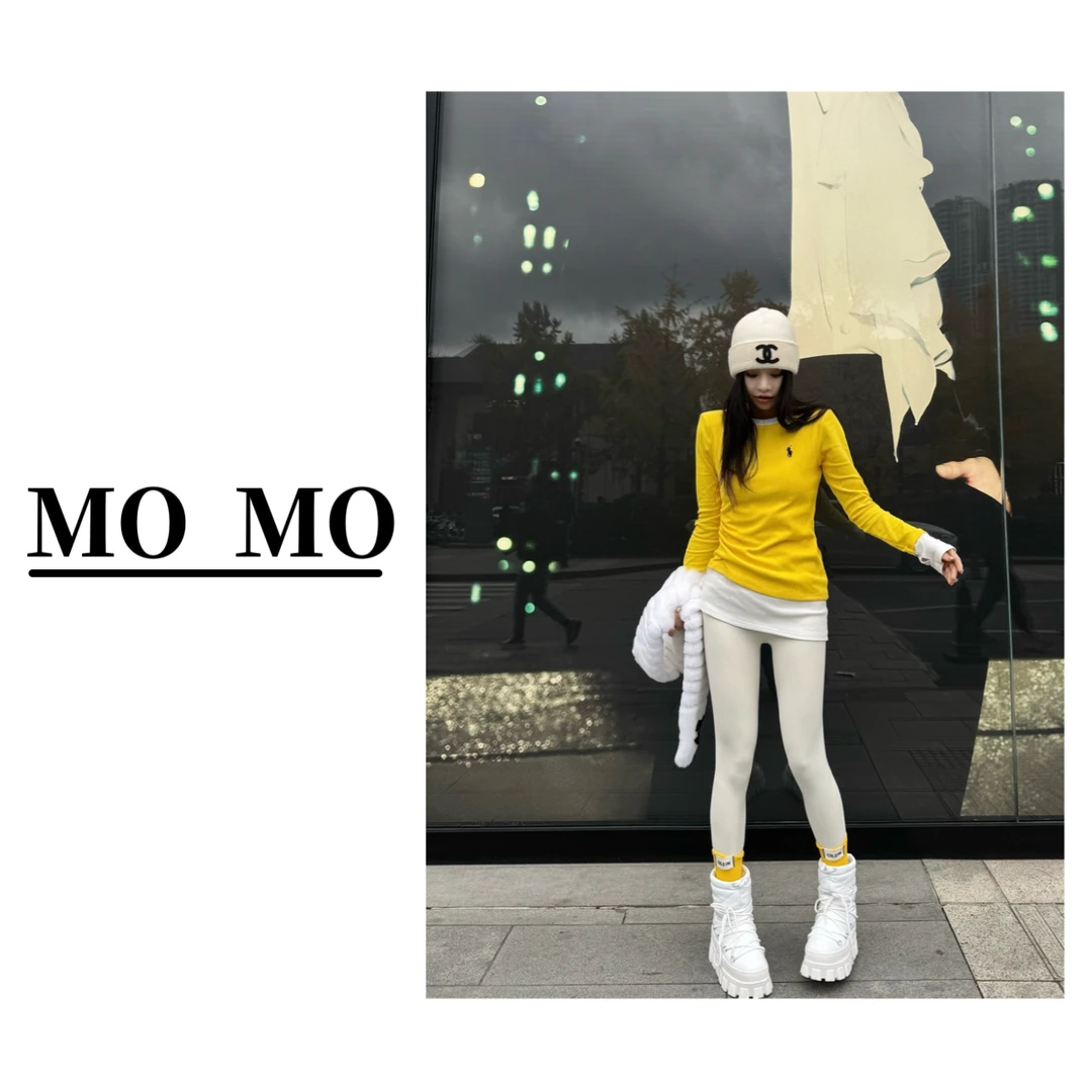 MOMO【假两件撞色T恤】冬季新款磨毛百搭设计感刺绣小马内搭长袖女