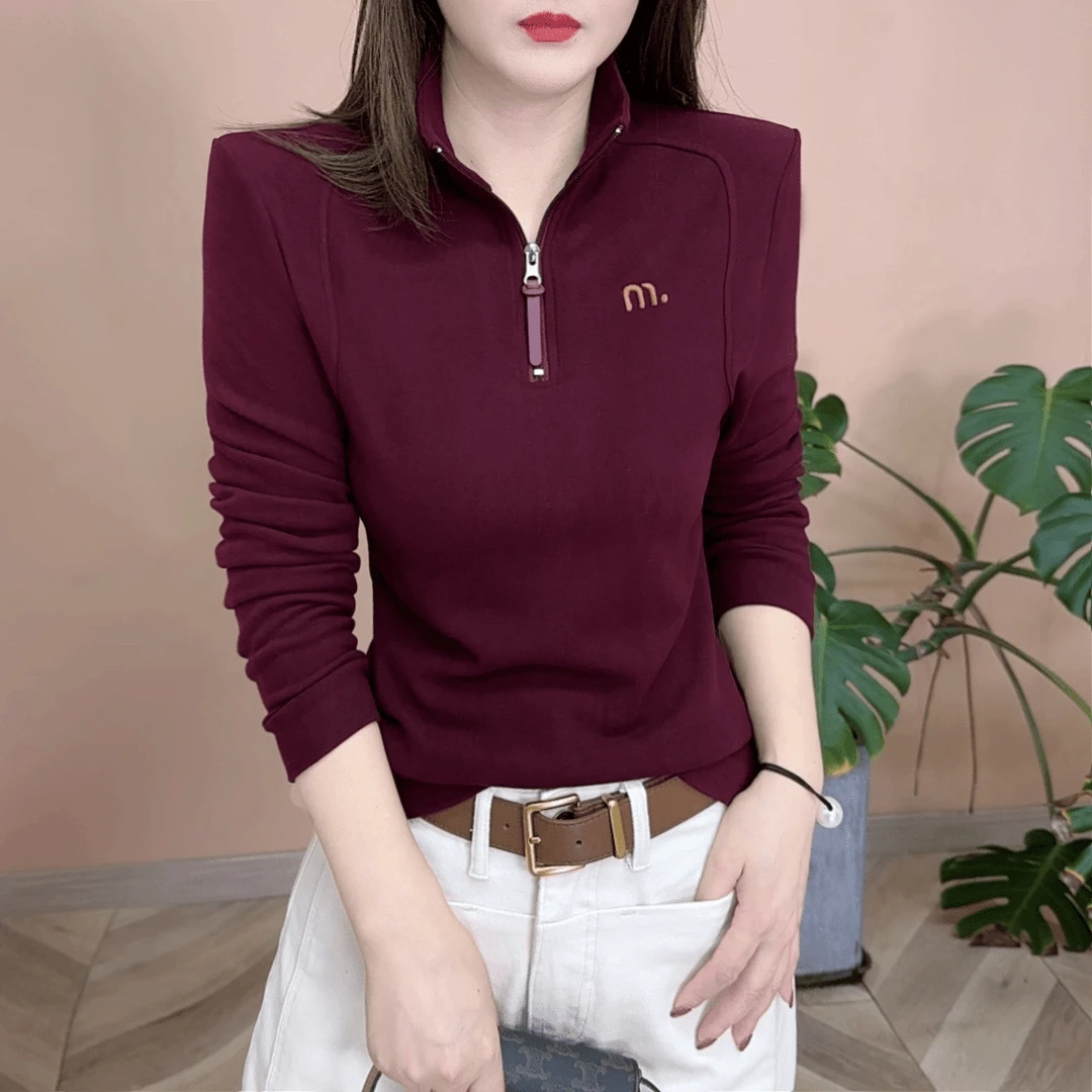 秋冬【加绒加厚）时尚半拉链立领女士上衣宽松百搭遮肉显瘦保暖打底