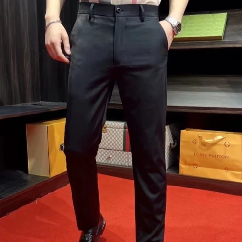 男士修身商务休闲裤潮流百搭纯色小脚裤高档弹力直筒西装裤