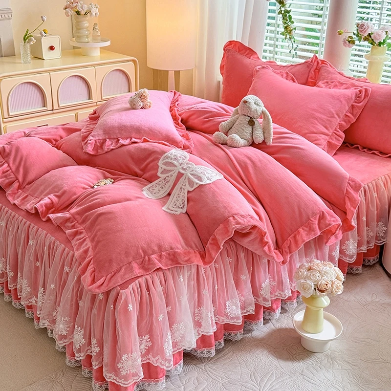 #韩版床裙款牛奶绒四件套#秋冬新款230g全消光牛奶绒纯色蕾丝花厚