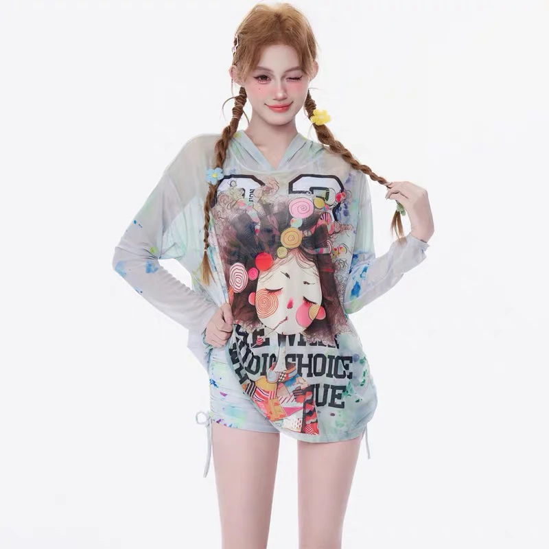 少女甜妹泳衣女分体三件套遮肚显瘦带胸垫学生保守平角度假泡温泉