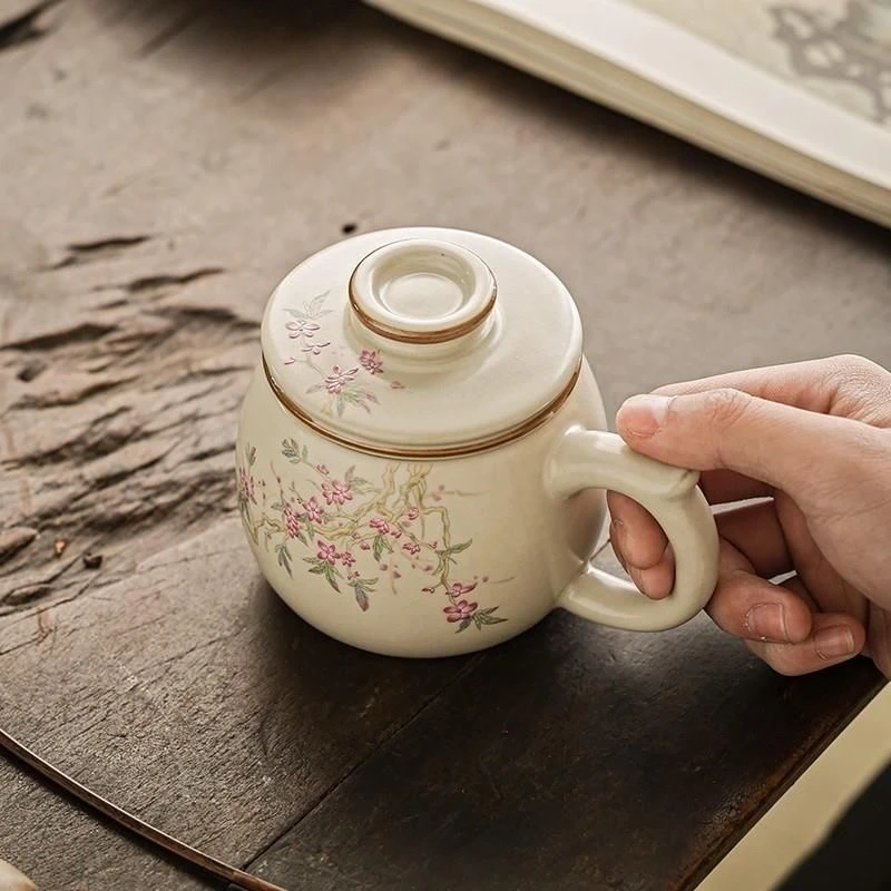 米黄汝窑桃枝办公杯个人家用大容量泡茶杯茶水分离带盖过滤泡茶杯