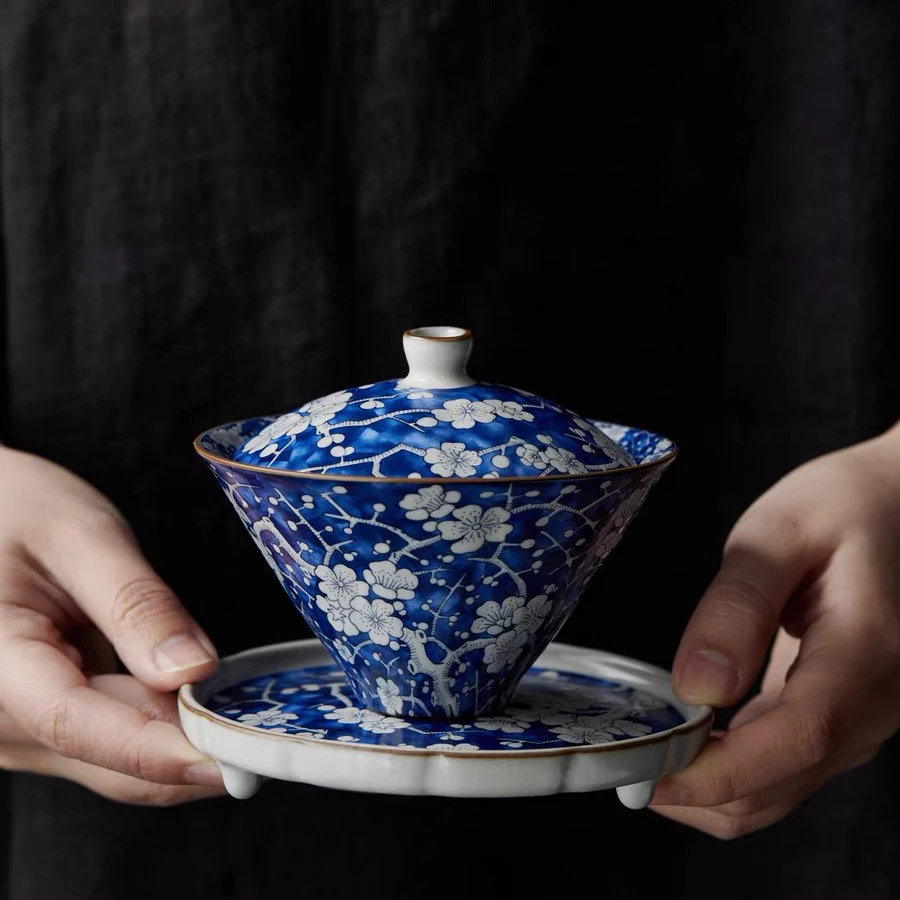 汝窑景德镇陶瓷冰梅三才盖碗青花瓷茶碗斗笠形状单人泡茶家用喝茶