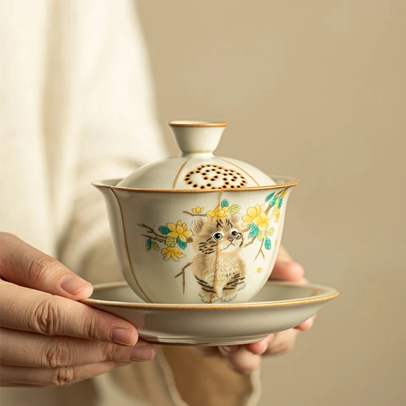 米黄汝窑猫咪三才盖碗陶瓷泡茶壶轻奢办公家用泡茶开片可养