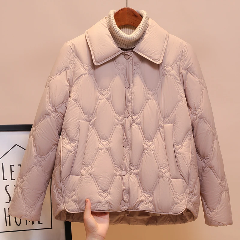 鸭鸭轻薄羽绒服女翻领短款春秋季新品小个子时尚休闲菱形鸭绒外套