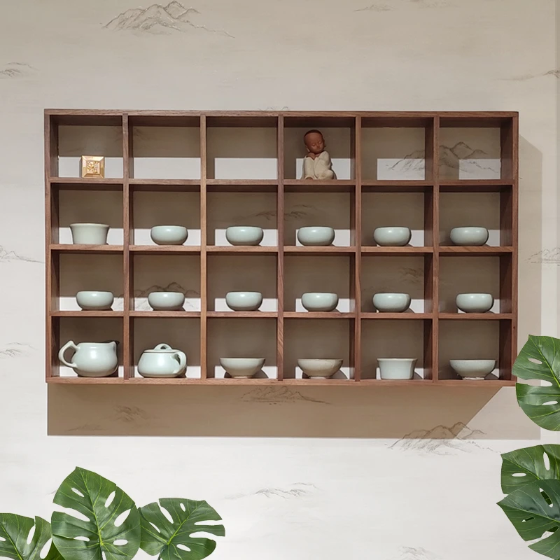 多宝阁新中式北美黑胡桃实木置物架茶杯摆放架挂墙实木架实用