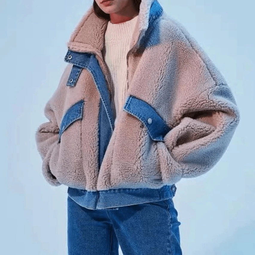 仓2-2 毛绒绒牛仔拼接立领加厚外套