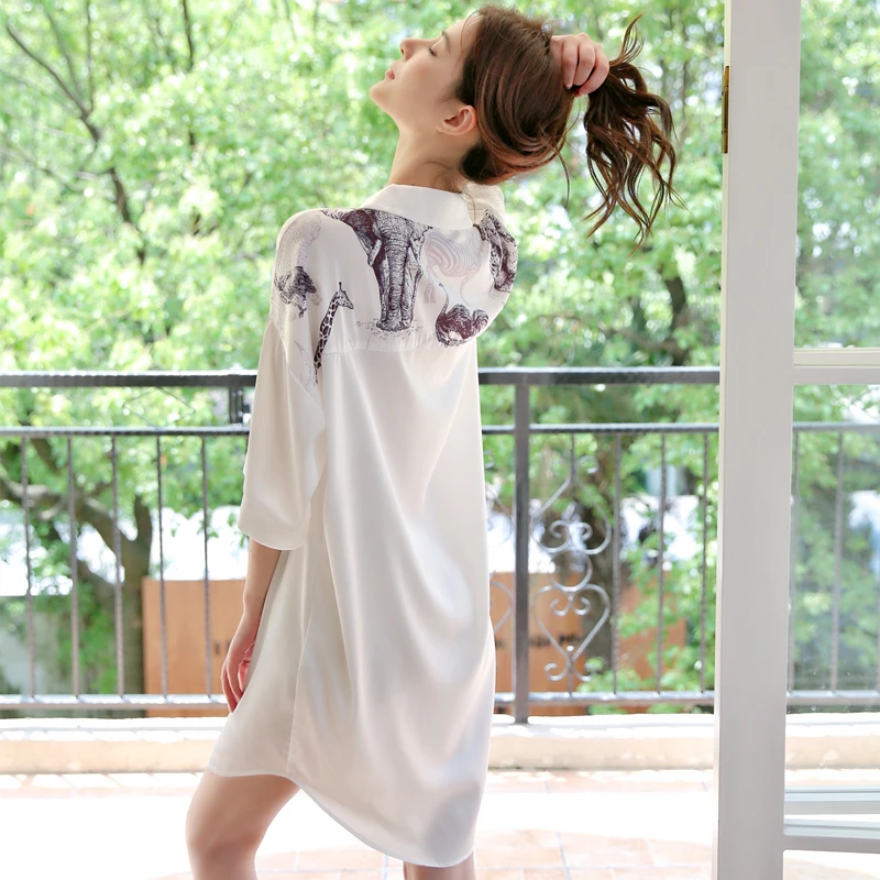 2025年新款睡裙女夏季冰丝短袖性感男友风白衬衫夏款真丝绸睡衣裙