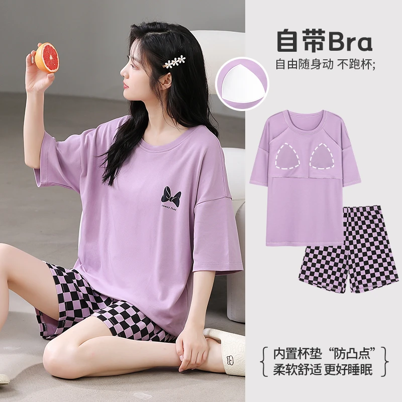 夏季带胸垫睡衣女款爆款2024新款纯棉短袖大码家居服宽松短裤套装