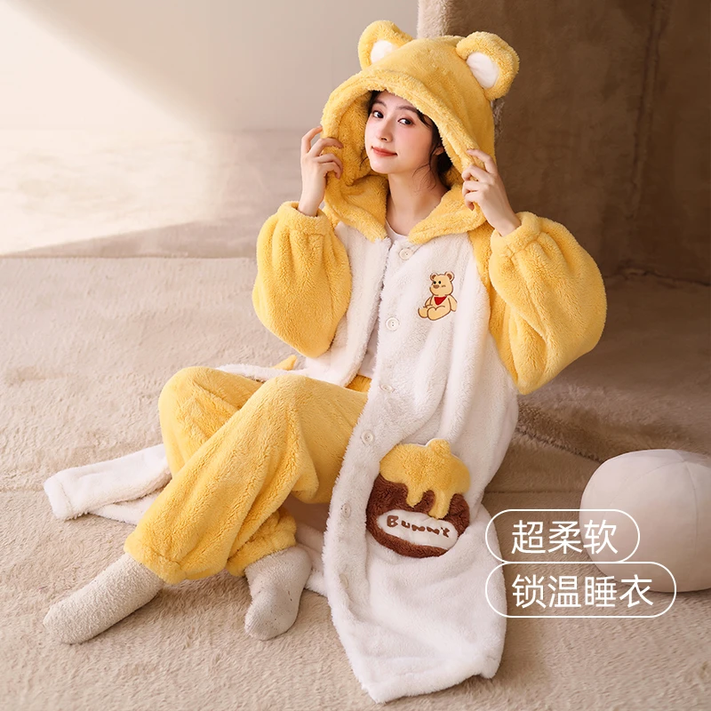 女士珊瑚绒睡袍冬季保暖休闲大码睡袄卡通加厚加绒网红家居服套装