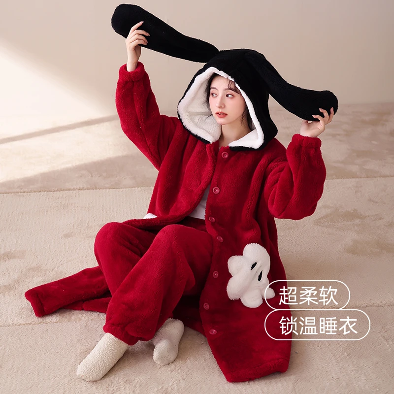 珊瑚绒睡袍女冬季大码可外出保暖睡袄套装女式休闲加厚加绒家居服