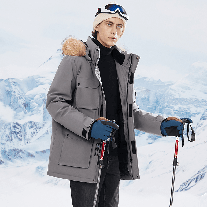 骆驼男装中长款羽绒服可拆卸连帽保暖加厚大毛领外套DBY120080