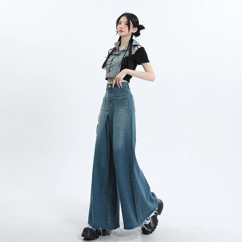 设计感毛边阔腿牛仔裤女高腰显瘦宽松喇叭潮流直筒拖地裤