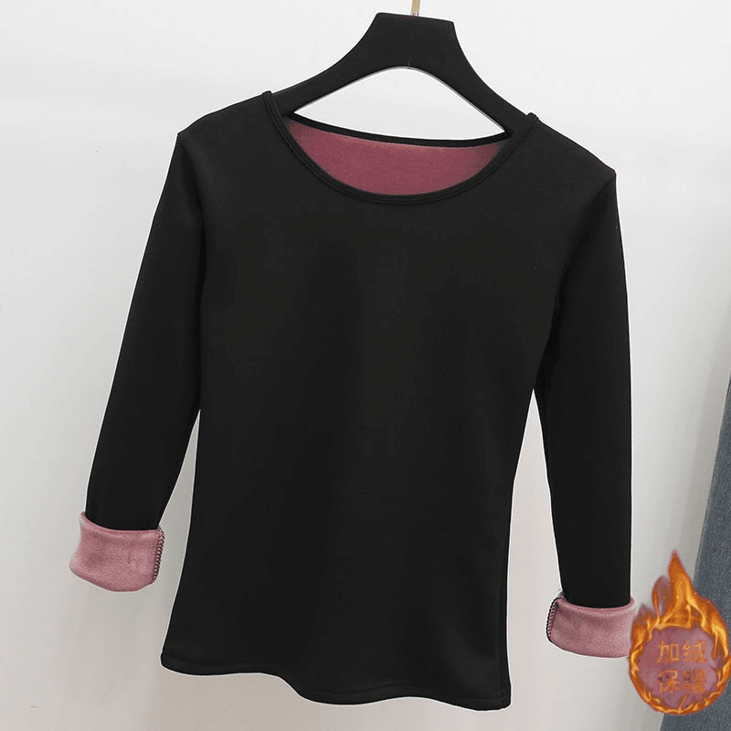 加绒加厚圆领T恤女23冬季新款保暖上衣内衣美体37度恒温打底衫经