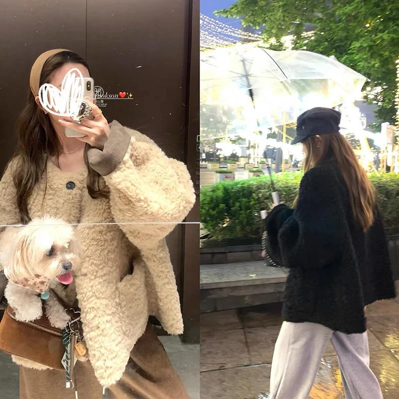 【高克重1000G】冬季新款皮毛一体外套中长款女装保暖韩版毛毛外套