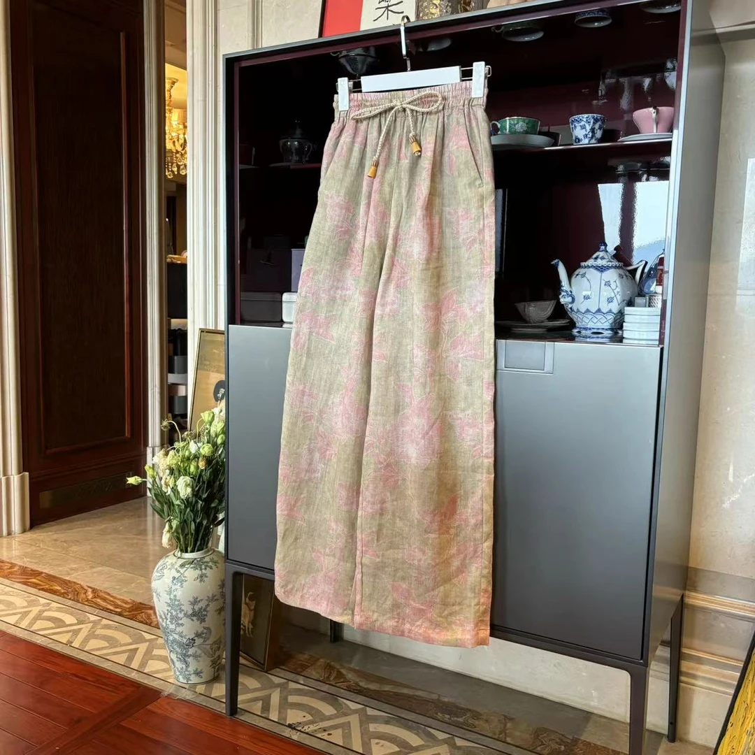 MYL 2024年夏季新款苎麻粉色休闲裤直筒印花松紧腰系带休闲裤