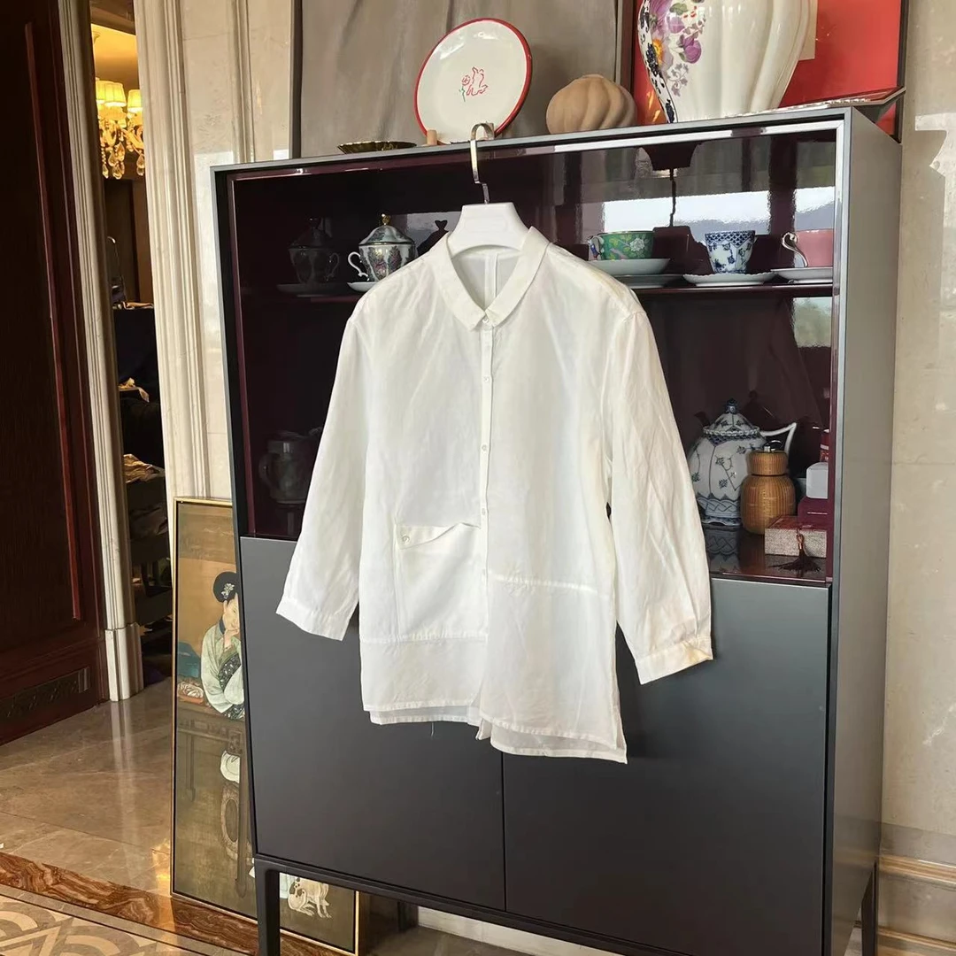 MYL 2024春季新品天丝麻白色衬衫翻领长袖单排扣纯色休闲上衣